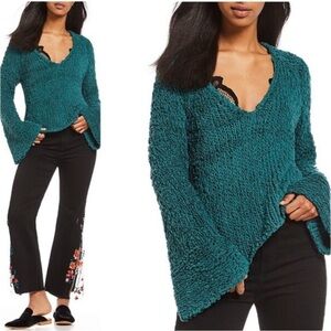 Free People Sand Dune Teal V-Neck Pullover Sweater N9